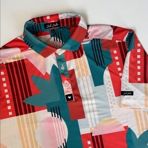 Bad Birdie Performance Golf Polo Shirt Orange Teal Blue Geometric Mens Large